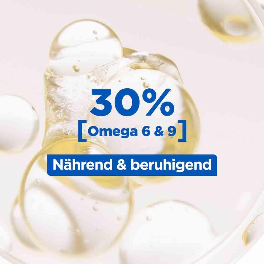 30% Omega 6 & 9. Nutriente e lenitivo. Liquido giallo con bolle.