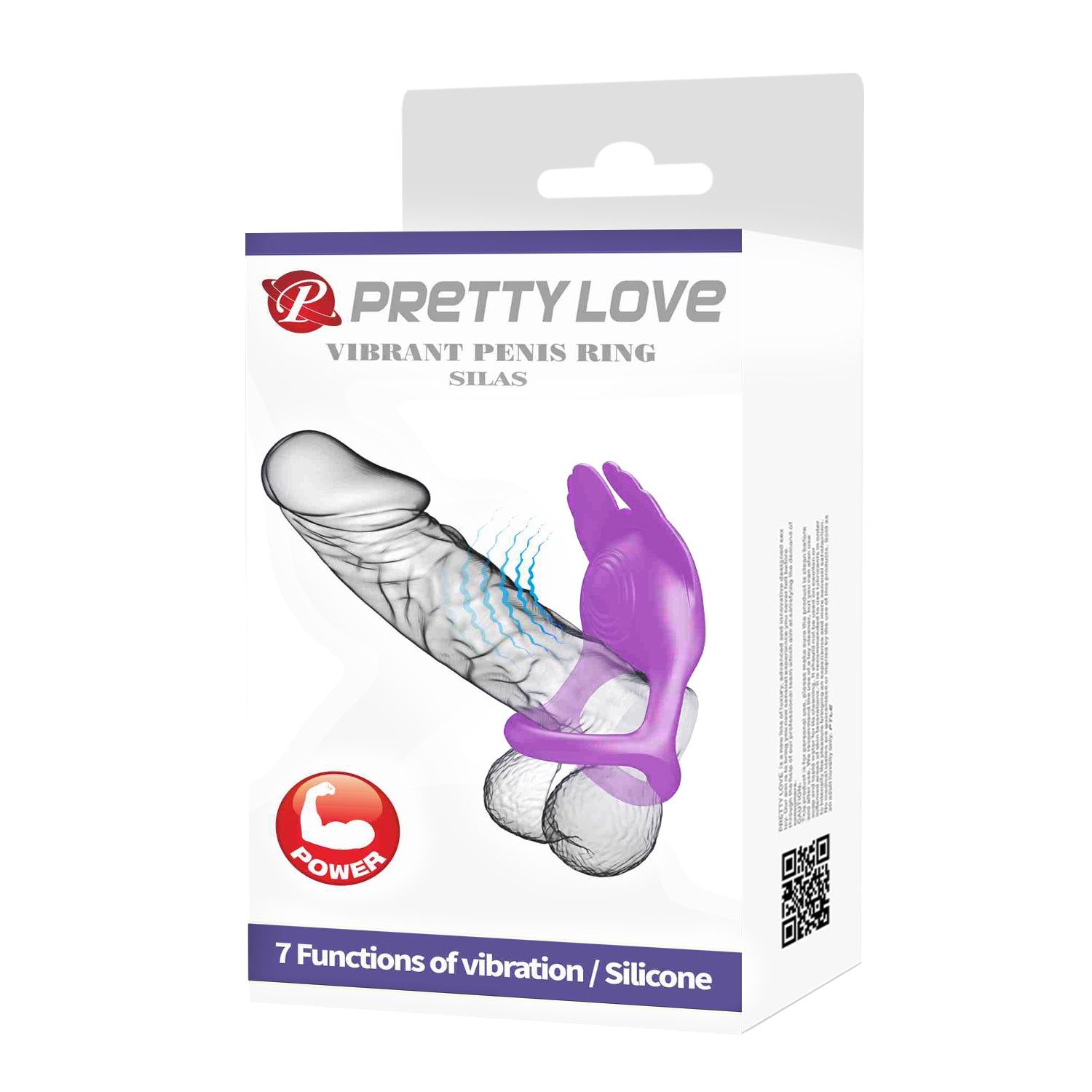 Confezione con anello viola posizionato su un pene. Testo: PRETTY LOVE, VIBRANT PENIS RING SILAS.
