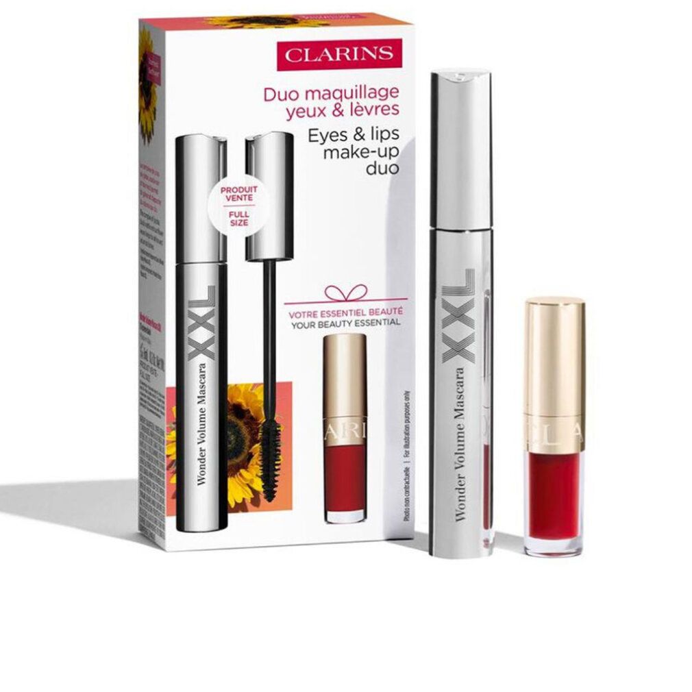 Set regalo con mascara e rossetto. Tubo di mascara con scritta XXL. Rossetto in astuccio rosso. Confezione con nome del prodotto.