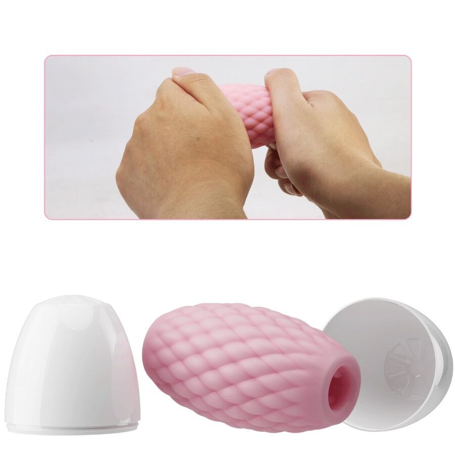 Confezione di un masturbatore in silicone rosa con motivo a rombi.