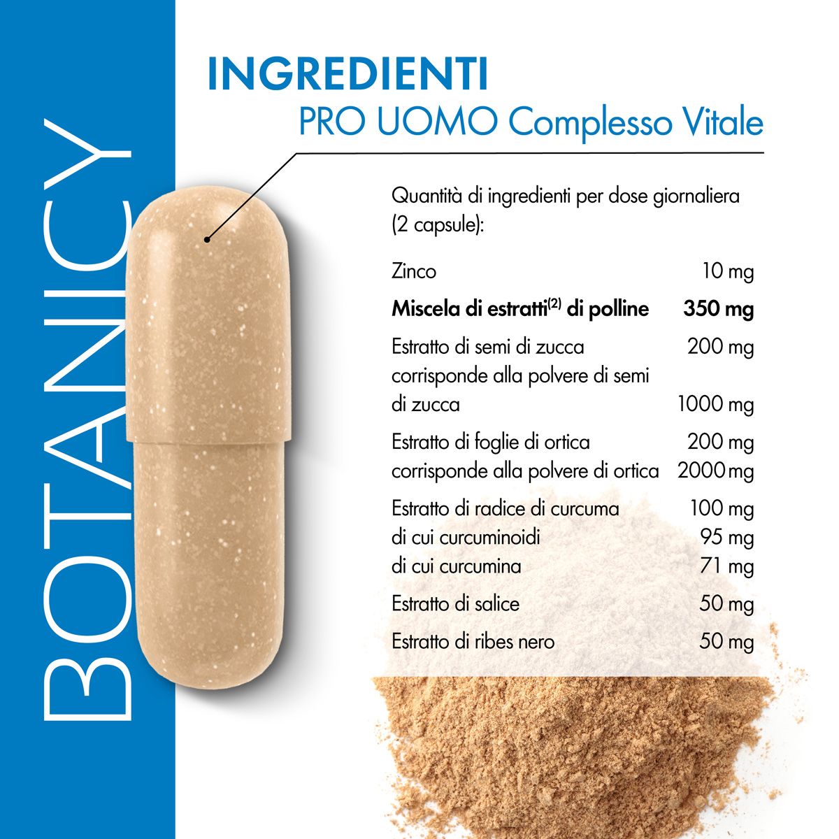 Capsula aperta con ingredienti. Testo: PRO UOMO Complesso Vitale. Ingredienti: zinco, estratti di polline, semi di zucca, ecc.