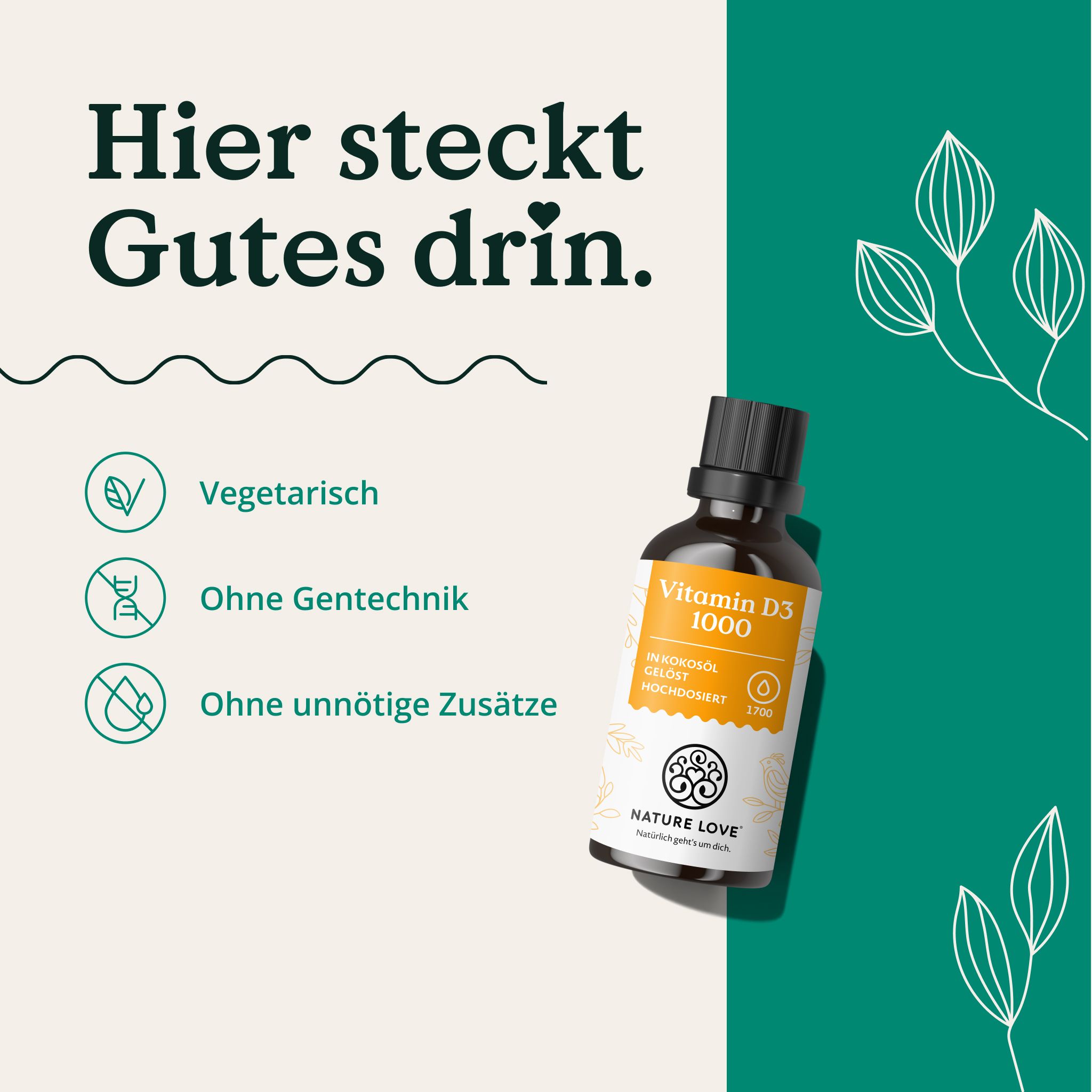 NATURE LOVE® Vitamina D3 1000 UI: Vegetariano, senza OGM, senza additivi.