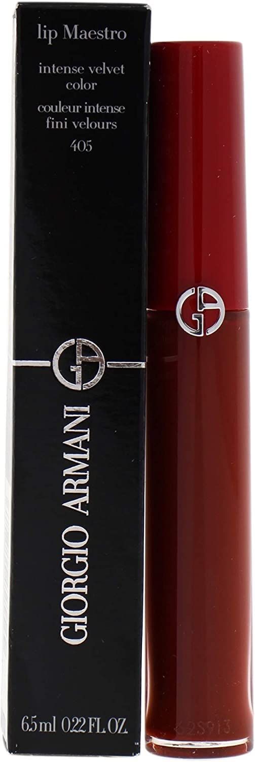 Rossetto Giorgio Armani Lip Maestro 405 con confezione. Scatola nera, stick rosso. Testo: Lip Maestro, Giorgio Armani.