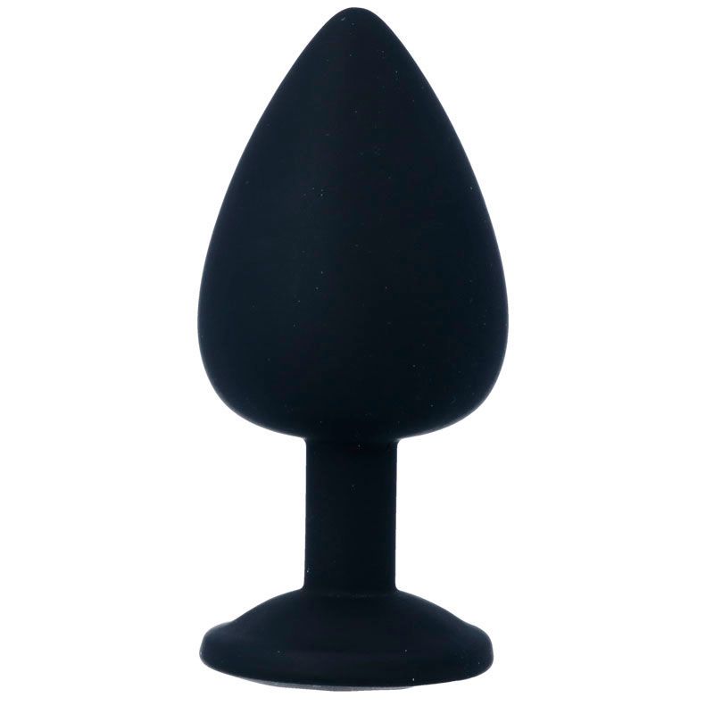 Plug anale nero, testa a goccia, base rotonda. Superficie liscia.