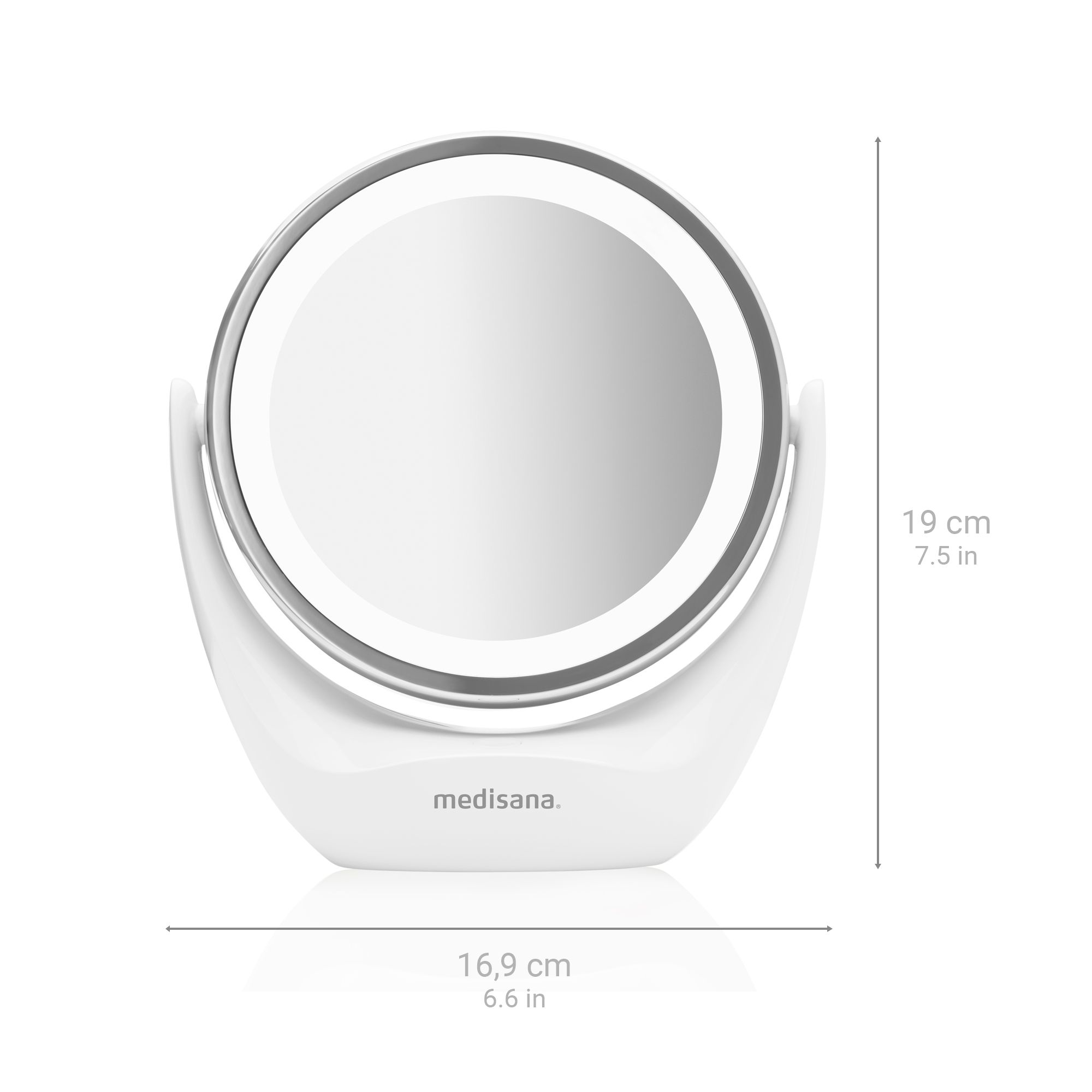 Specchio cosmetico bianco con illuminazione a LED. Dimensioni: 16,9 x 19 cm. Marchio 'medisana'.