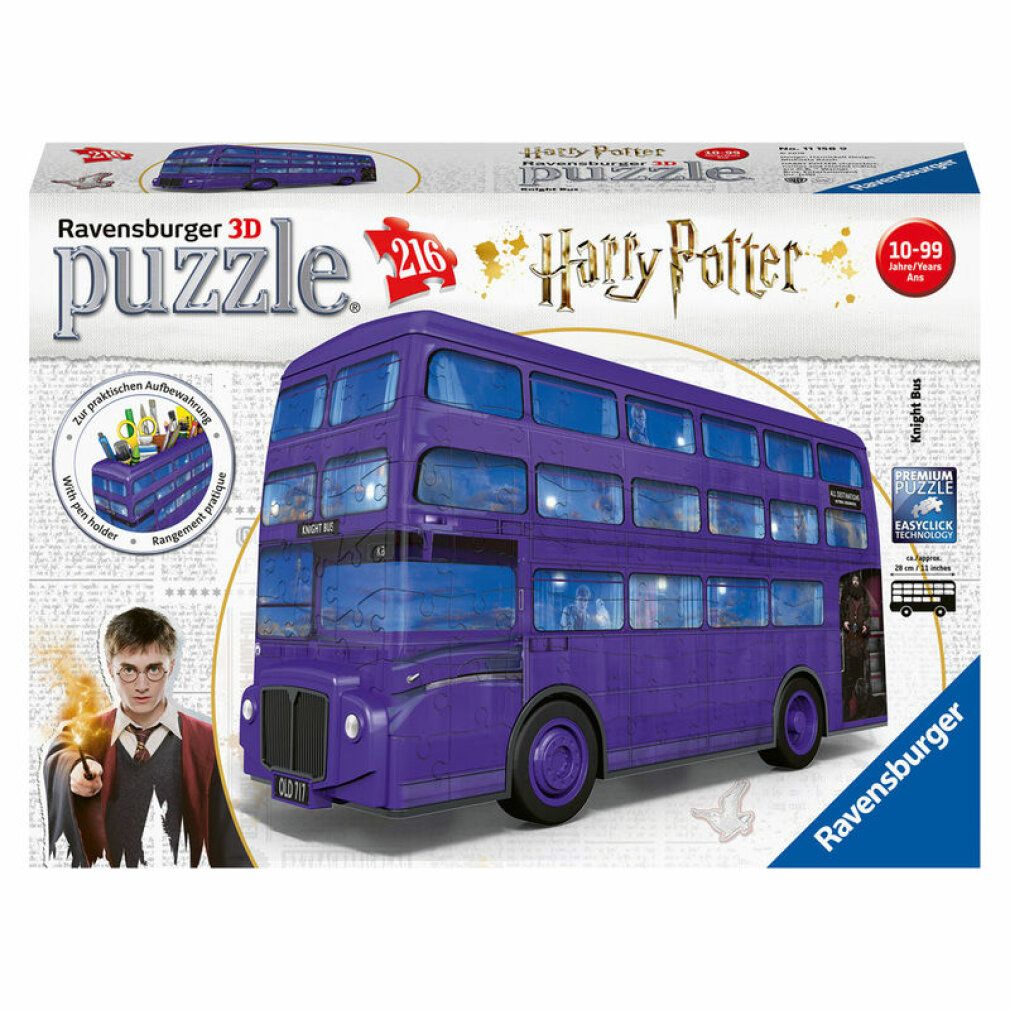 Confezione del puzzle 3D Knight Bus. Autobus a due piani viola con 216 pezzi. Motivo Harry Potter e logo Ravensburger.