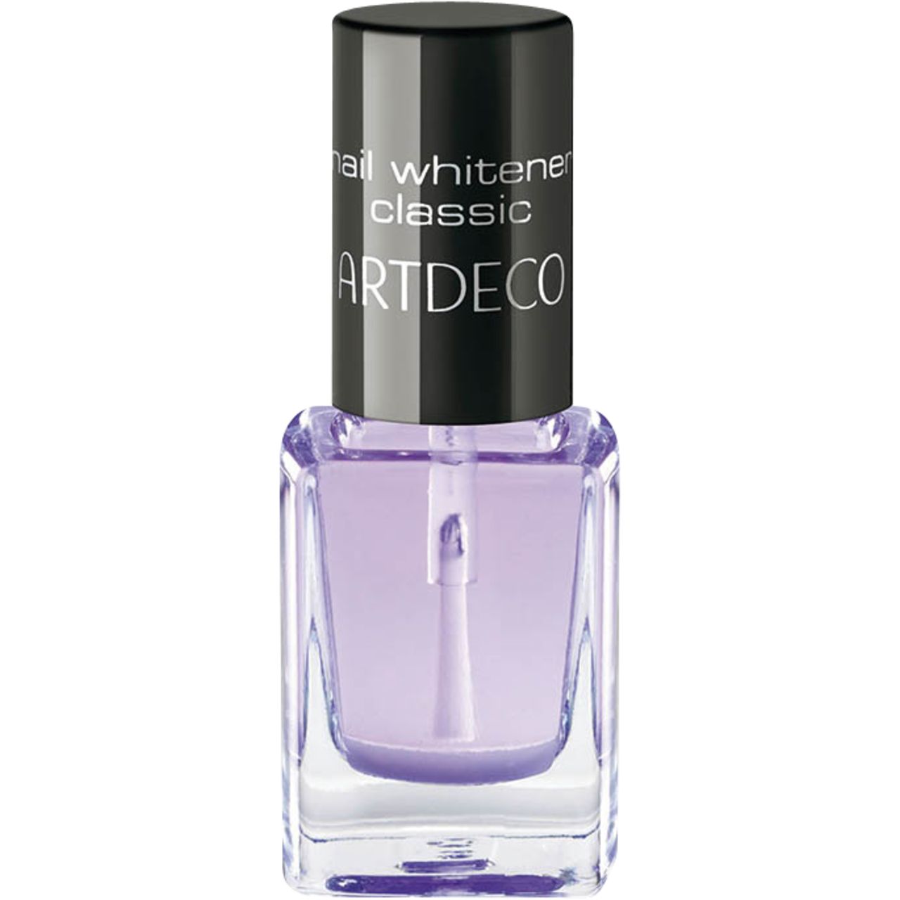 Artdeco Nail Whitener Classic. Flacone quadrato trasparente con liquido viola. Tappo nero e pennello.
