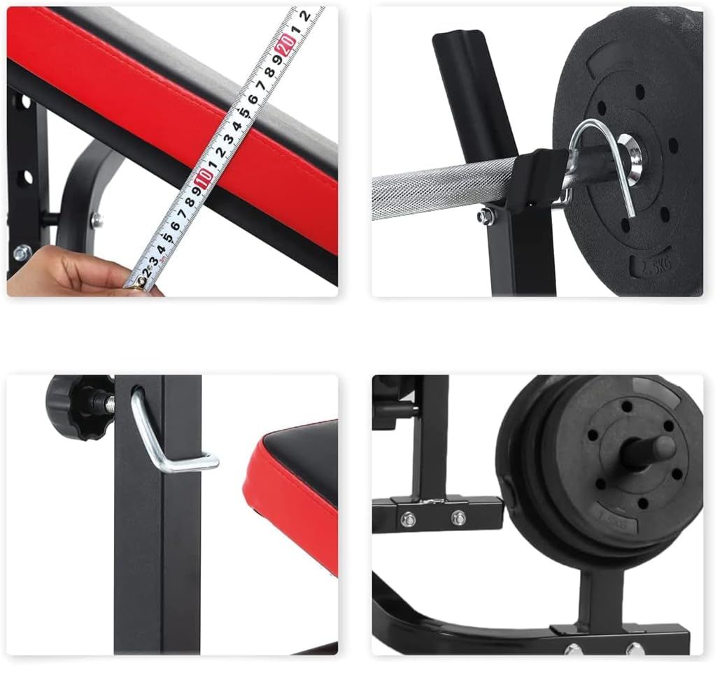 Viste dettagliate della panca fitness. Misurazione dell'imbottitura, bilanciere con peso, meccanismo di regolazione, peso.