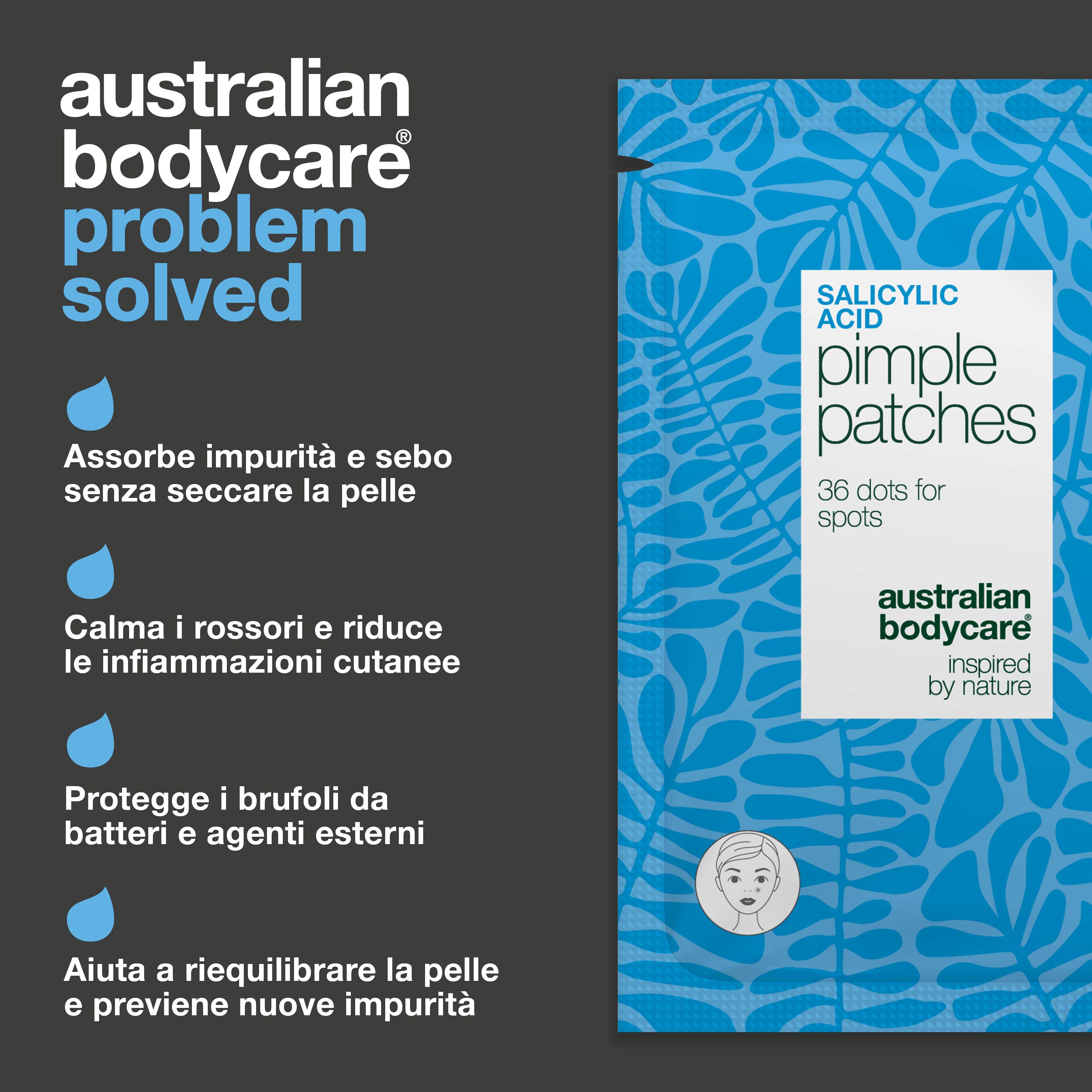 Australian Bodycare cerotti per brufoli all'acido salicilico. Testo e illustrazioni. 36 punti.
