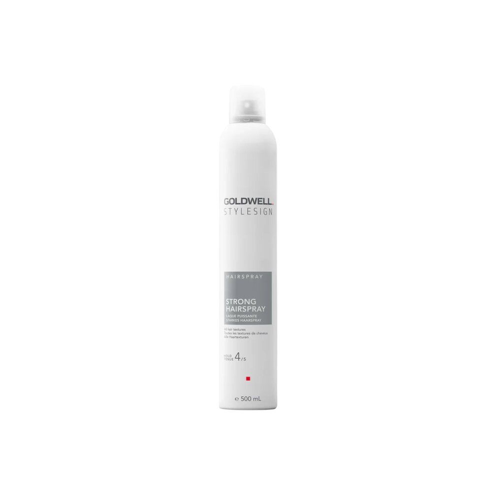 Bomboletta spray per capelli bianca 'Goldwell stylesign'. Area grigia con 'Strong Hairspray'. 500 ml.