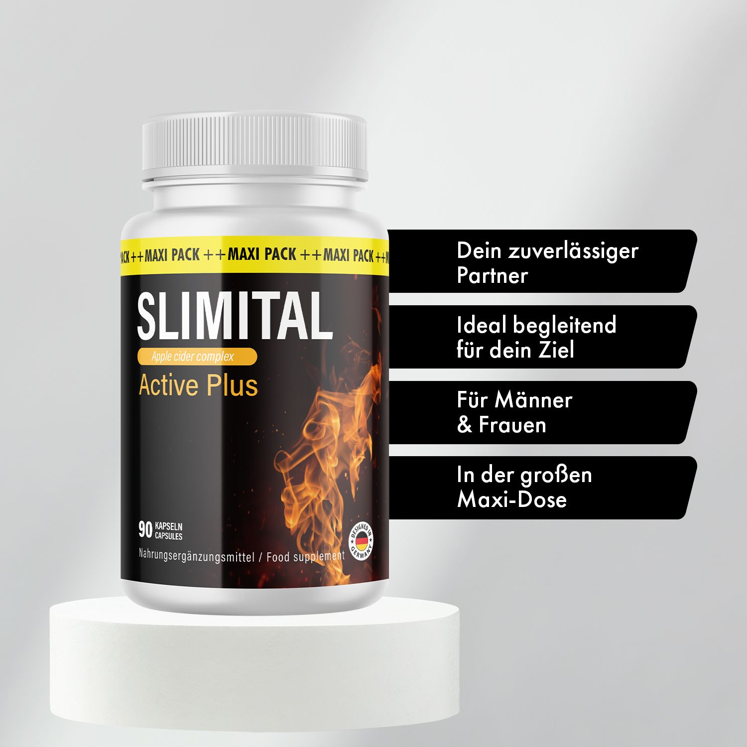 Capsule SLIMITAL Active Plus su piedistallo. Flacone con etichetta nera, banda gialla. Testo: Il tuo partner affidabile, ideale per il tuo obiettivo.