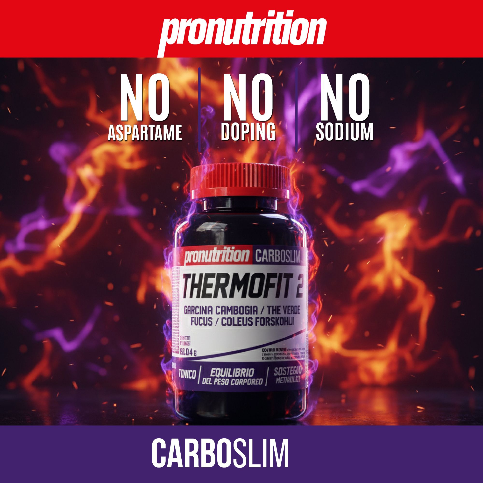 Flacone scuro con tappo rosso. Scritta Thermofit 2. Fiamme sullo sfondo. Testo: NO Aspartame, Doping, Sodium.