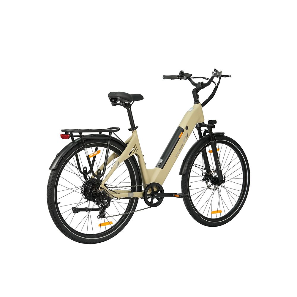 Bicicletta elettrica beige con pneumatici neri, portapacchi e parafanghi. Sella e manubrio neri. Illuminazione.
