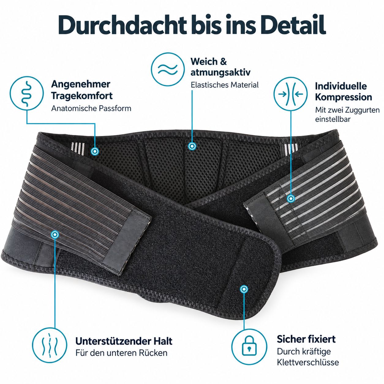 Cintura lombare nera con vestibilità anatomica, materiale elastico e cinghie regolabili.