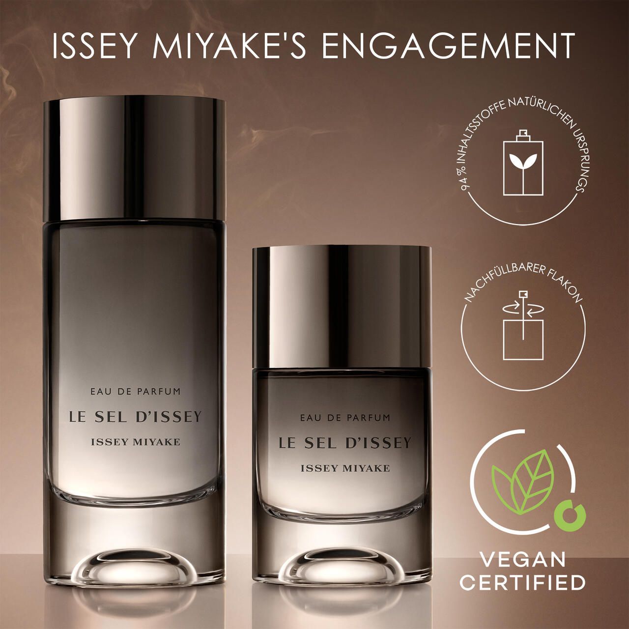 Due flaconi. Scritta: Le Sel d'Issey, Issey Miyake. Certificazione Vegan.