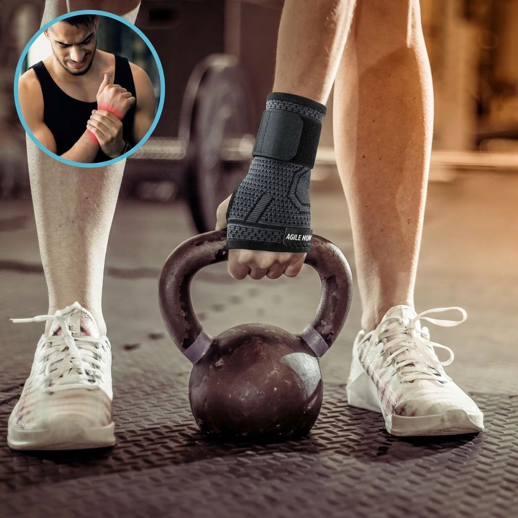 Uomo in palestra con tutore per polso. Tutore nero. Attività sportiva.