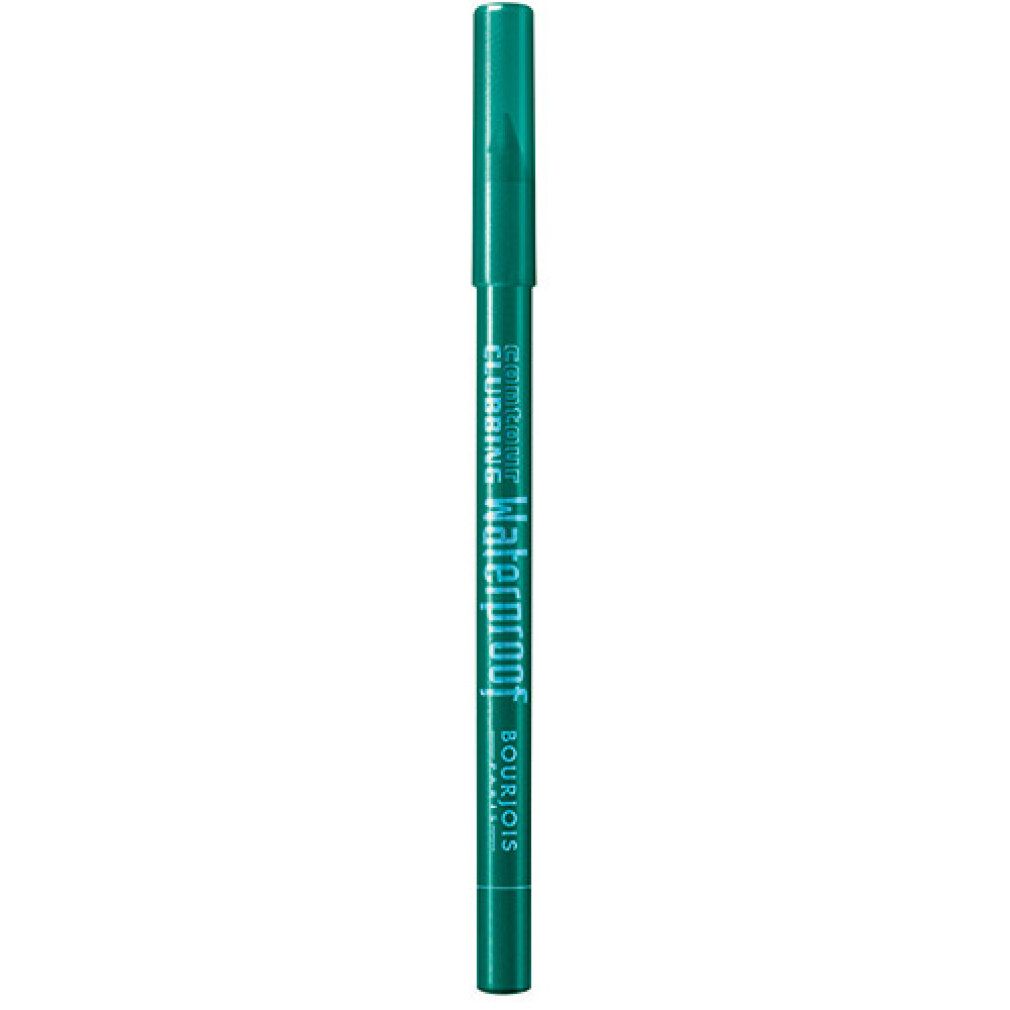 Matita occhi Bourjois Contour Clubbing Waterproof verde con cappuccio. Scritta: Waterproof, Bourjois Paris.