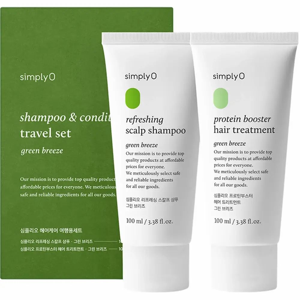 Set SIMPLYO Green Breeze. Shampoo e balsamo, formato da viaggio. Due tubi e confezione verde con informazioni.