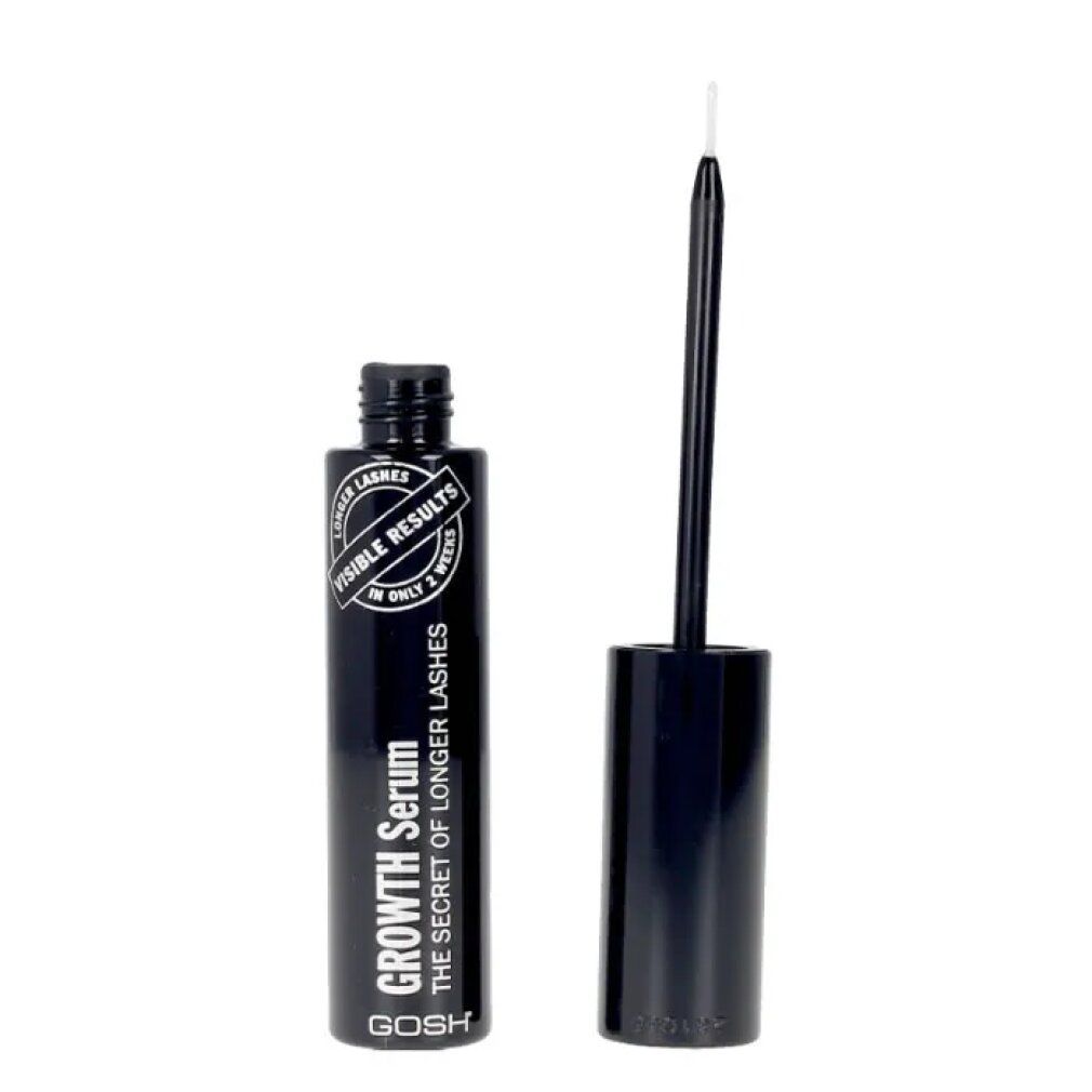 Flacone nero con applicatore. Scritta: Growth Serum, The Secret of Longer Lashes. Marchio: GOSH. Risultati visibili in 2 settimane.