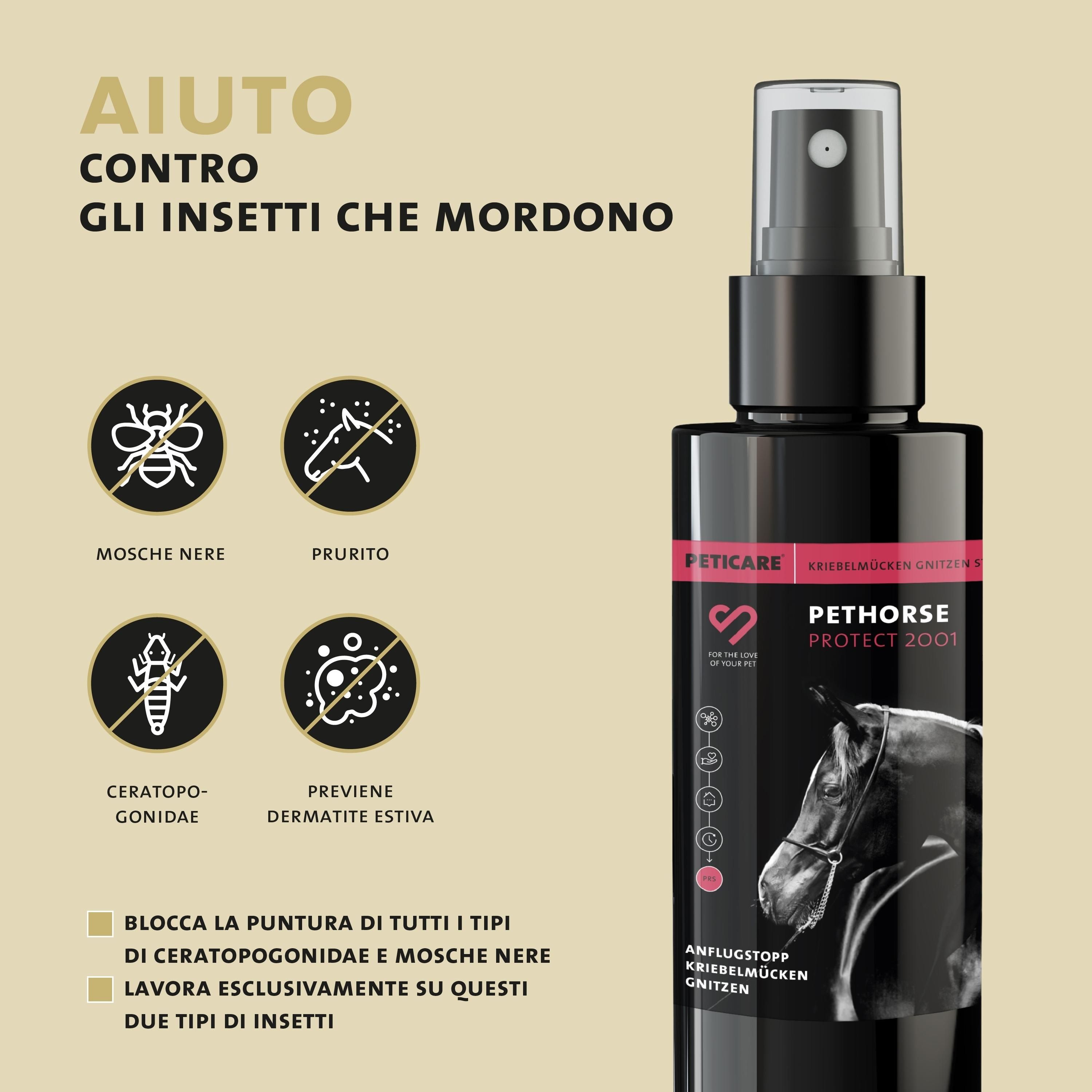 Flacone spray. Testo: Aiuto contro gli insetti. Loghi: Mosche, prurito, simulidi, dermatite estiva. Testo: Blocca le punture.