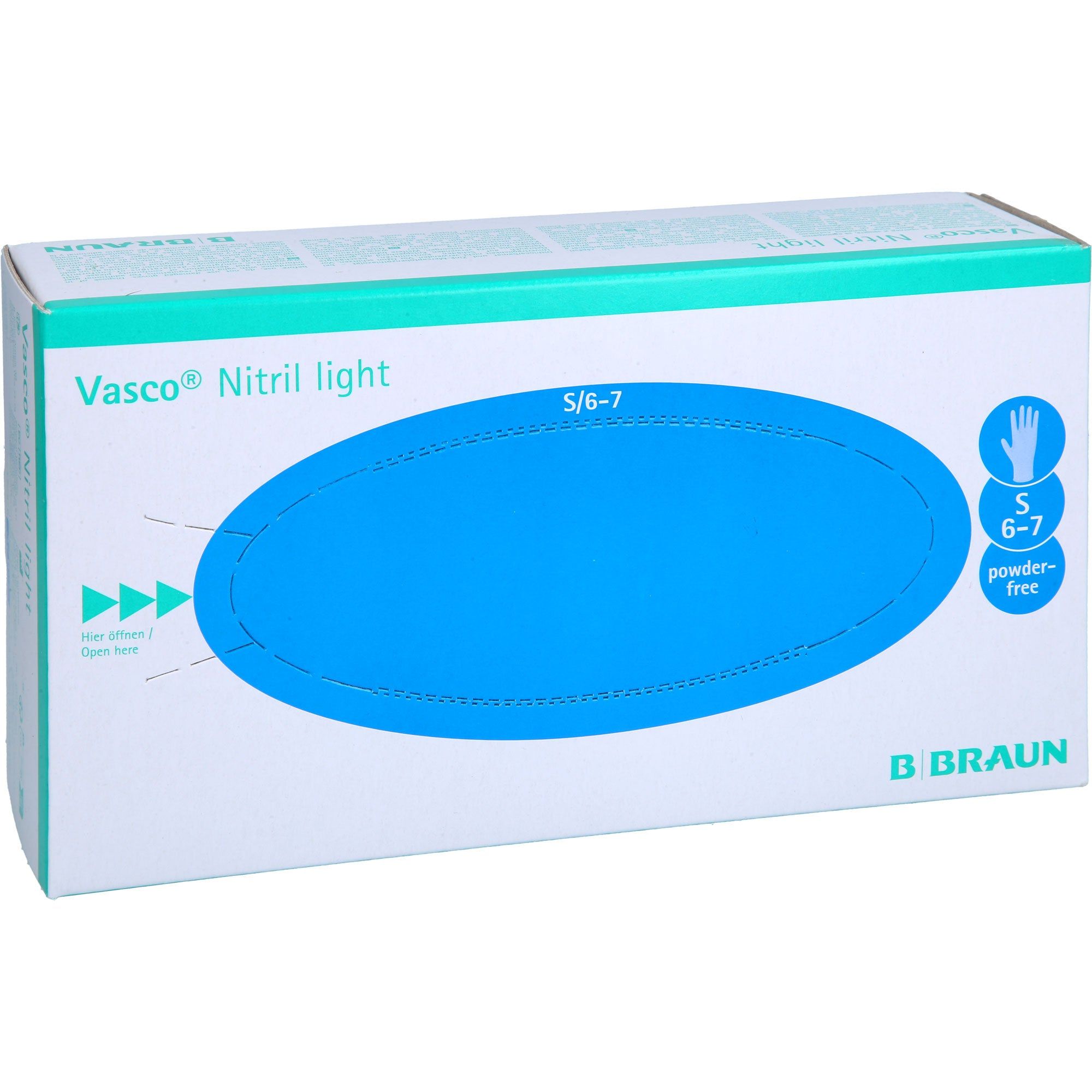 Scatola di guanti B. Braun Vasco® Nitril light. Ovale blu, taglia S/6-7, senza polvere. Marchio e nome del prodotto.