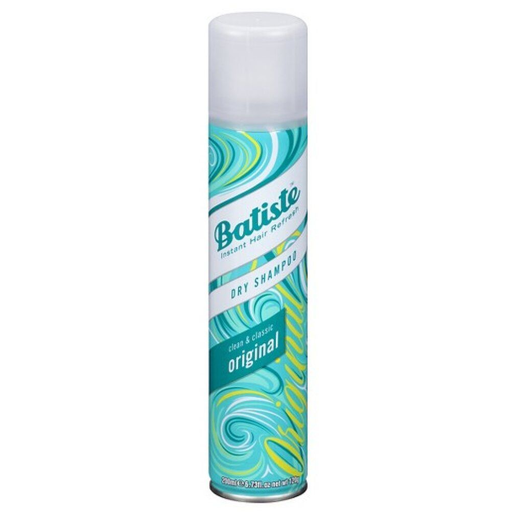 Flacone spray di shampoo secco Batiste Original. Scritte: Dry Shampoo, Original. Colori: turchese, giallo e bianco.