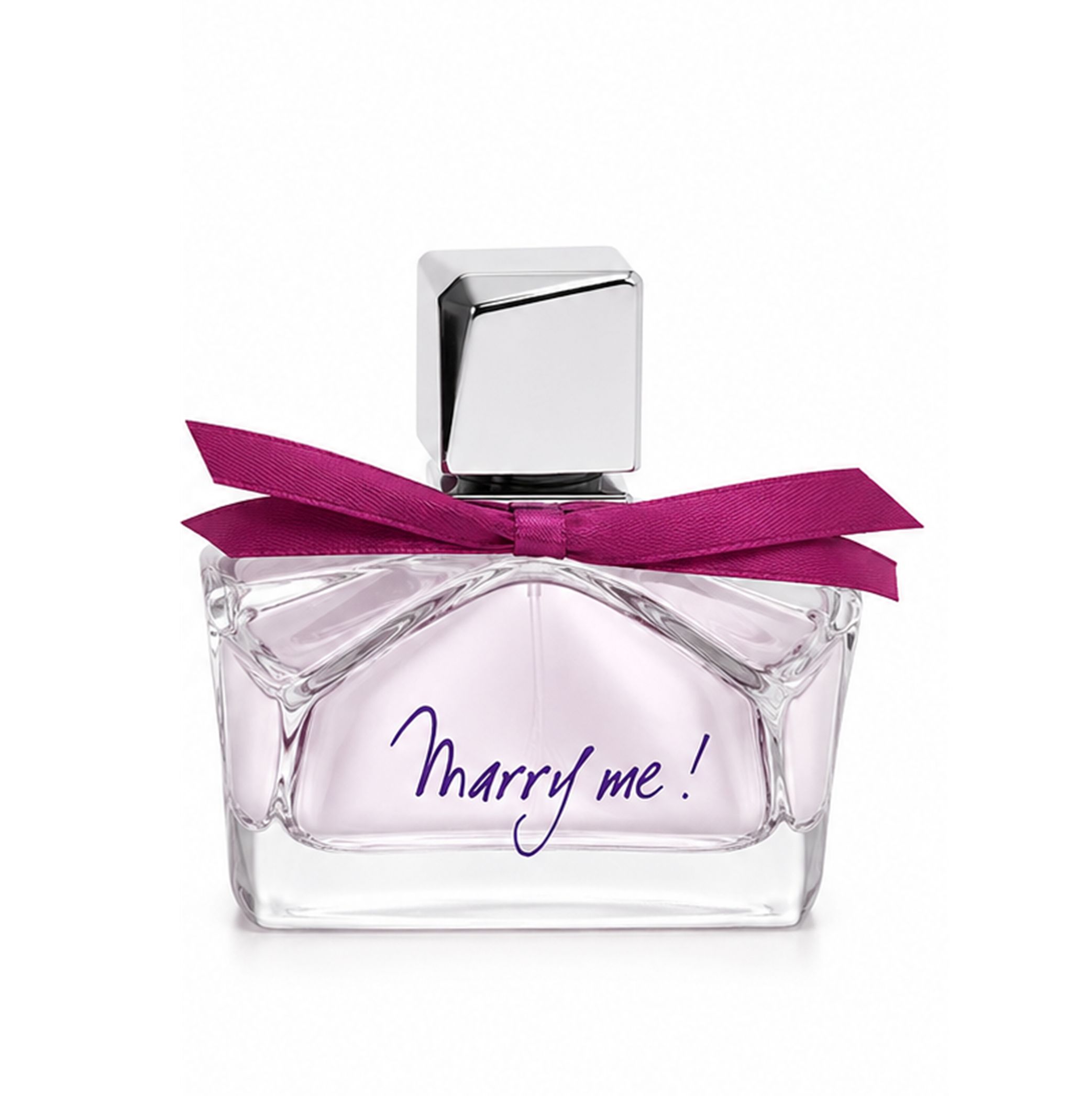 Flacone Lanvin Marry Me! Eau de Parfum con tappo argentato e nastro rosa.