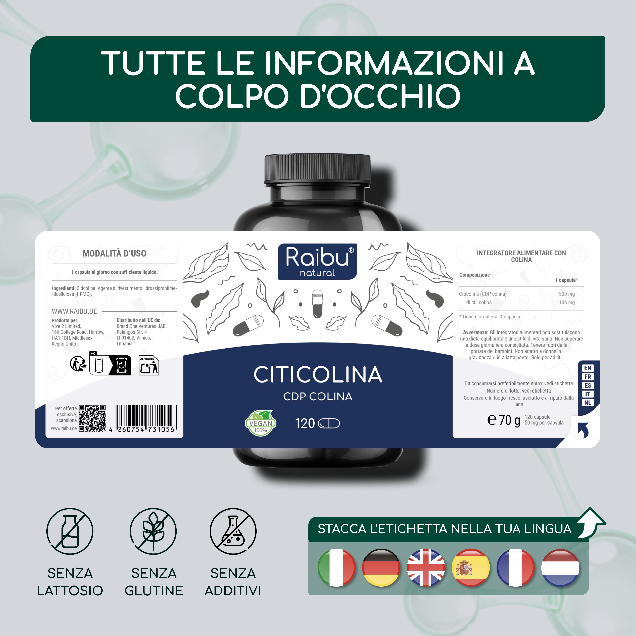 Citicolina CDP-Colina Pura 500 mg per Capsula - Memoria, Concentrazione e Funzione Cellulare - RAIBU
