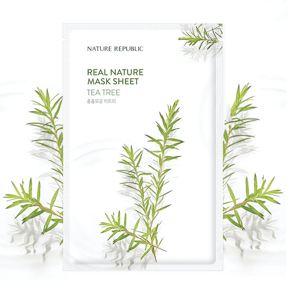 Confezione maschera viso NATURE REPUBLIC. Illustrazione foglie di tea tree e testo. Sfondo bianco.