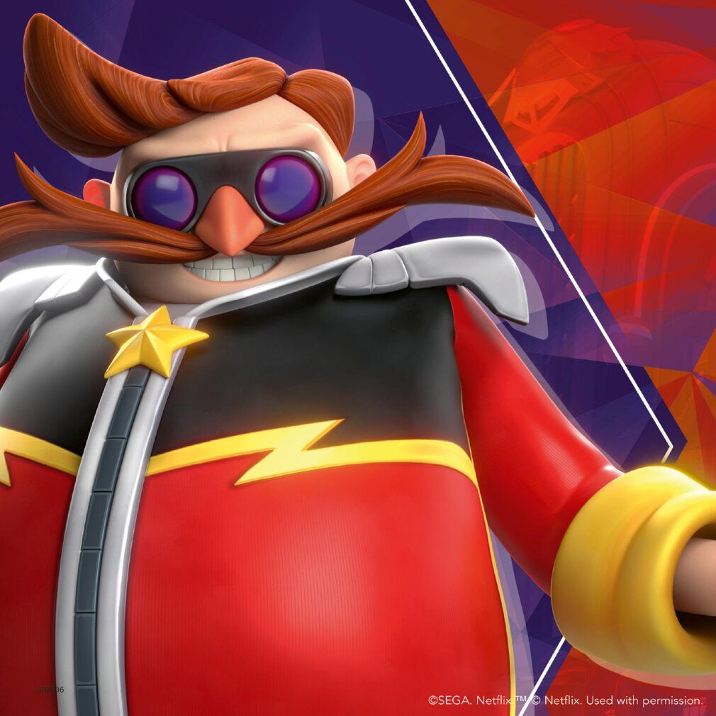 Personaggio del Dr. Eggman con baffi, occhiali e cappotto rosso. Stella gialla sul petto.