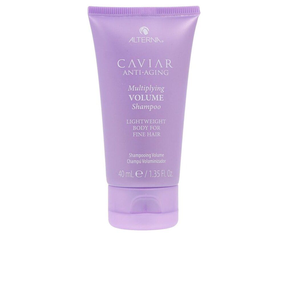 Tubo lilla Alterna Caviar Shampoo. Scritta: Caviar Anti-Aging, Multiplying Volume Shampoo. 40 ml.