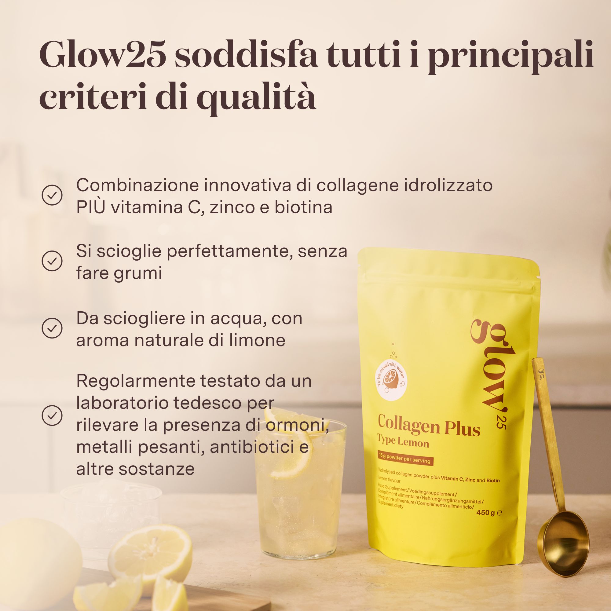 Glow25® Collagen Plus Type Lemon – Collagene idrolizzato con vitamina C, zinco e biotina