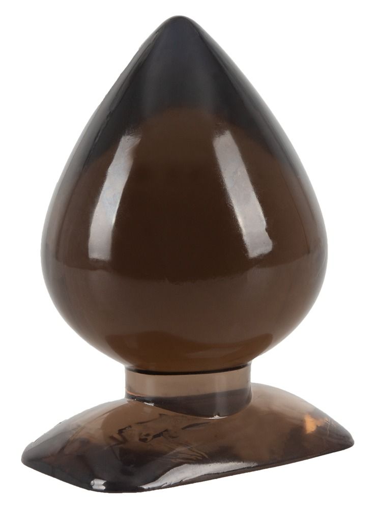Anal plug, marrone sfumato, a forma di goccia. Punta e base più scure. Appoggiato su un lato. Superficie liscia. Base ampia.