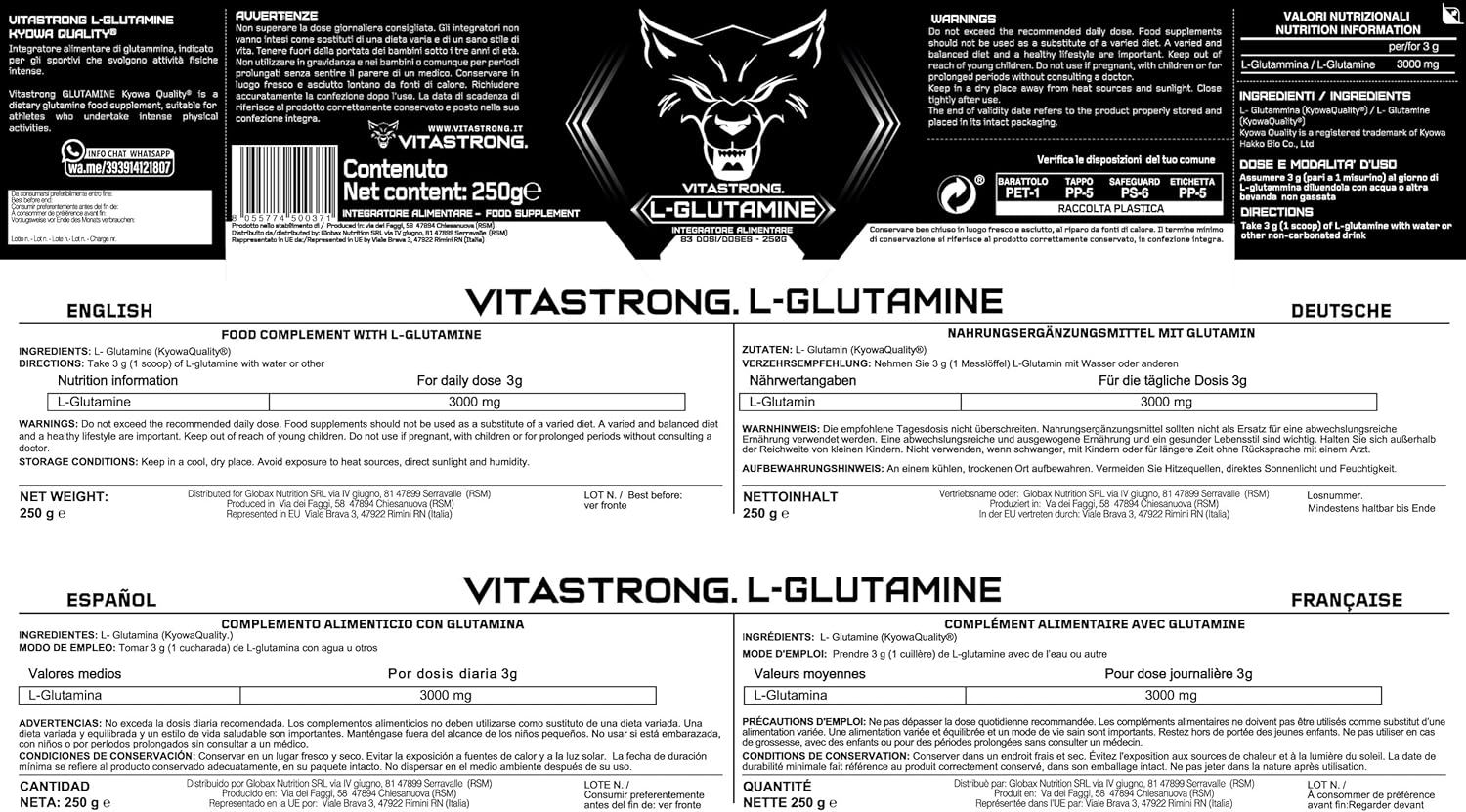 Etichetta del prodotto con informazioni su Vitastrong L-Glutammina in inglese, tedesco, spagnolo e francese.