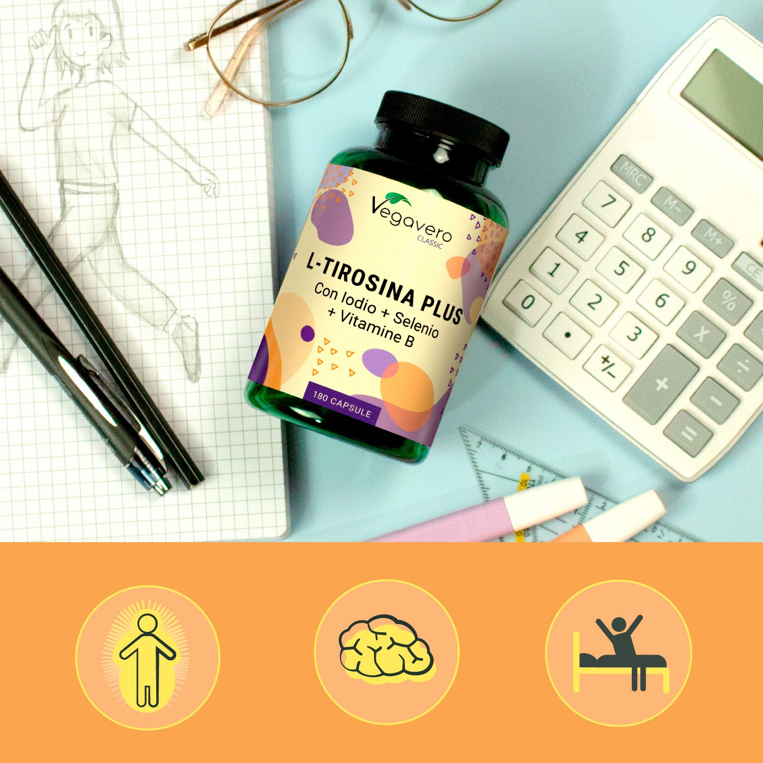 Flacone verde con etichetta prodotto su scrivania. Penne, blocco note, occhiali, calcolatrice e icone.