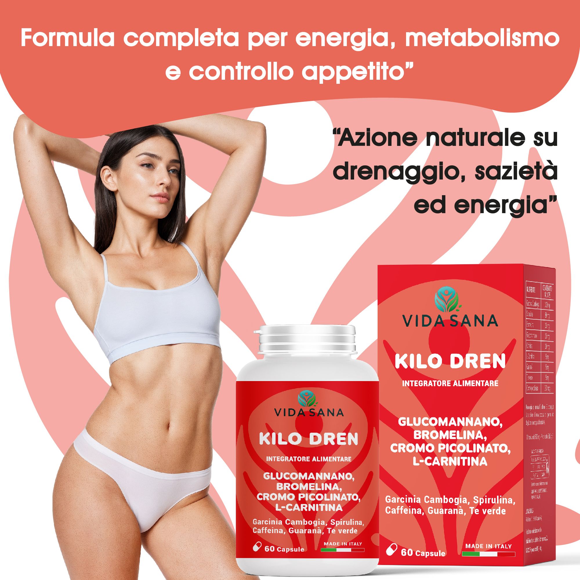 Donna in intimo accanto alla confezione del prodotto. Scritta: Kilo Dren, ingredienti. Marchio: Vida Sana. Testo su energia e appetito.