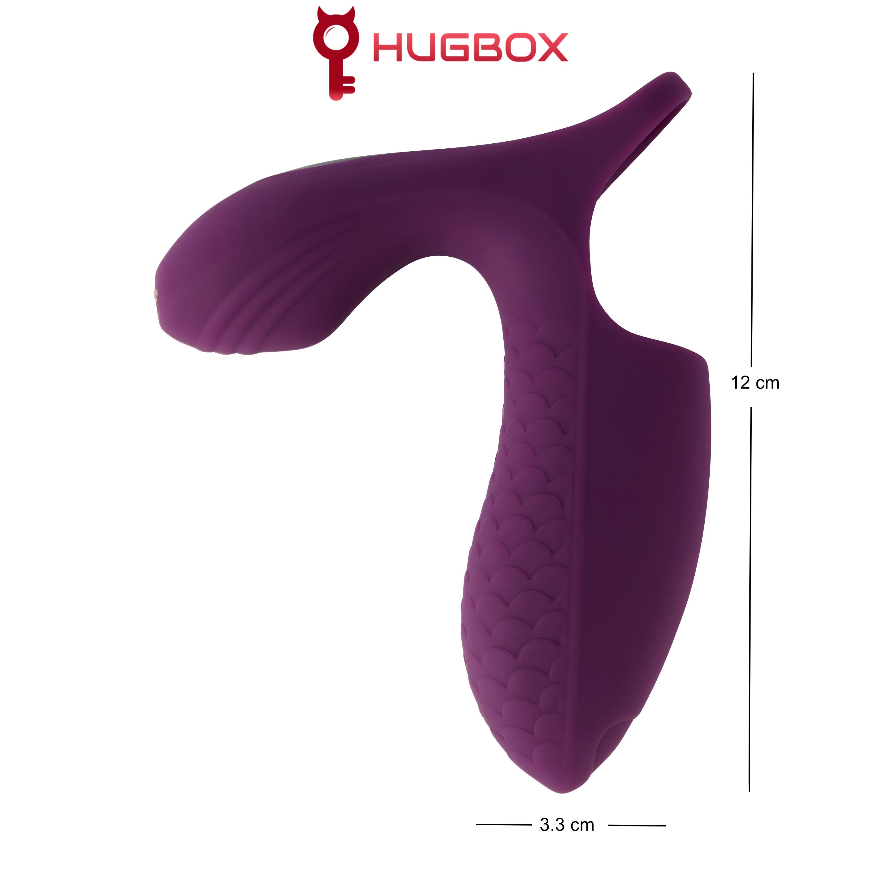 Prodotto viola con superficie strutturata. Dimensioni: 12 cm di altezza, 3,3 cm di larghezza. Logo: HUGBOX.