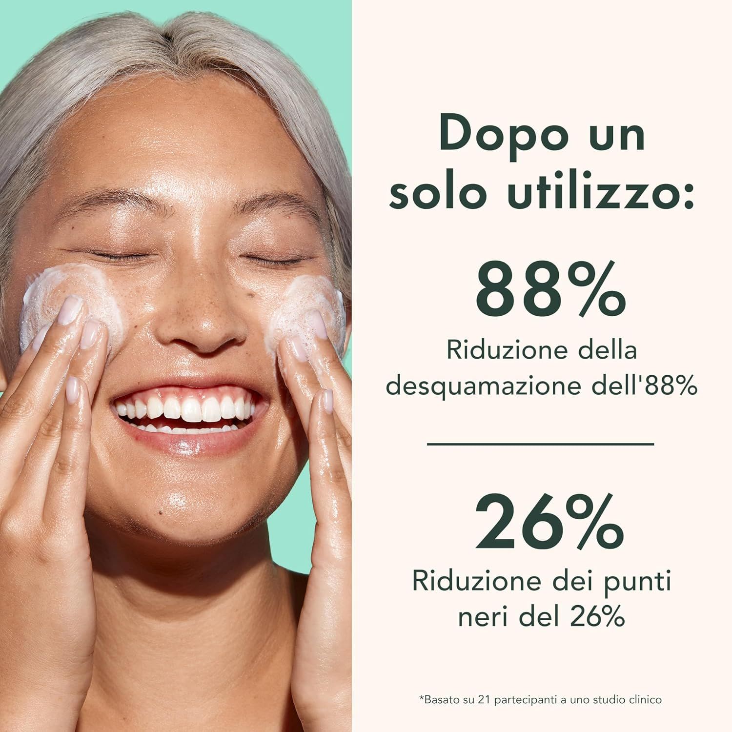 Donna con detergente sul viso. Testo: 88% meno desquamazione, 26% meno punti neri dopo l'uso.