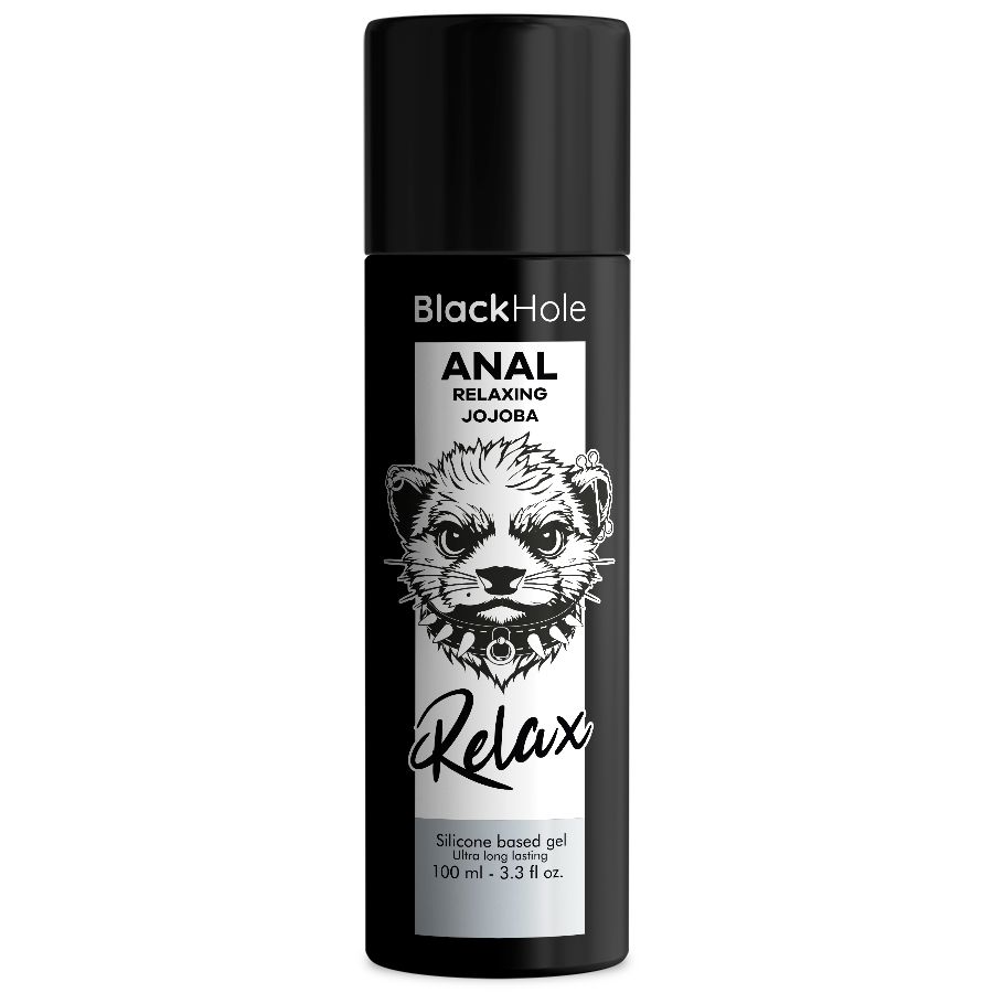 Gel Black Hole Anal Relaxing Jojoba, flacone da 100ml con illustrazione animale e scritta "Relax".