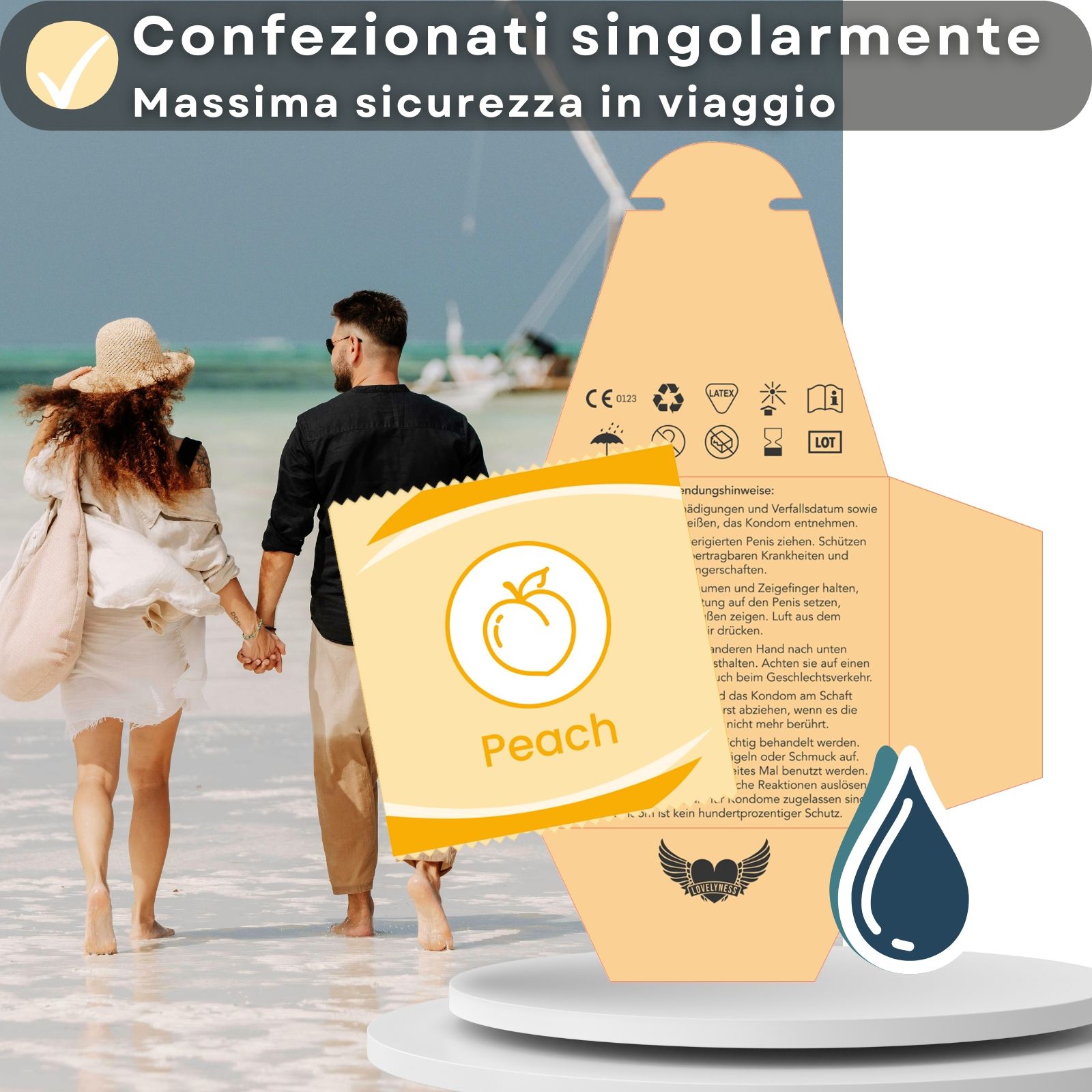 Confezione e preservativo. Testo: Lunghezza di 190 mm e larghezza nominale di 52 mm. Logo: Lovelyness. Pesca.