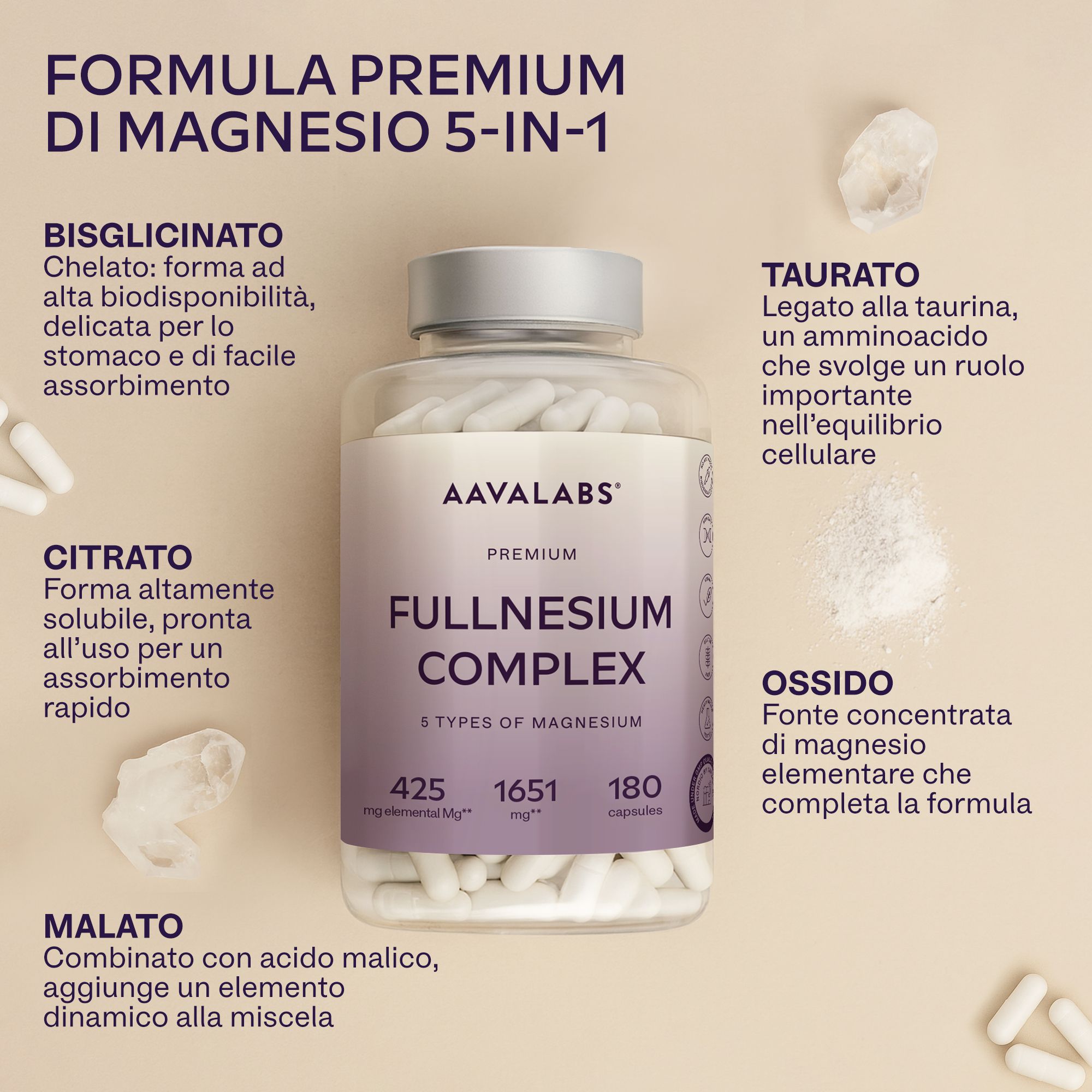 Flacone con capsule e testo. Contiene informazioni sui benefici del prodotto e sugli ingredienti.