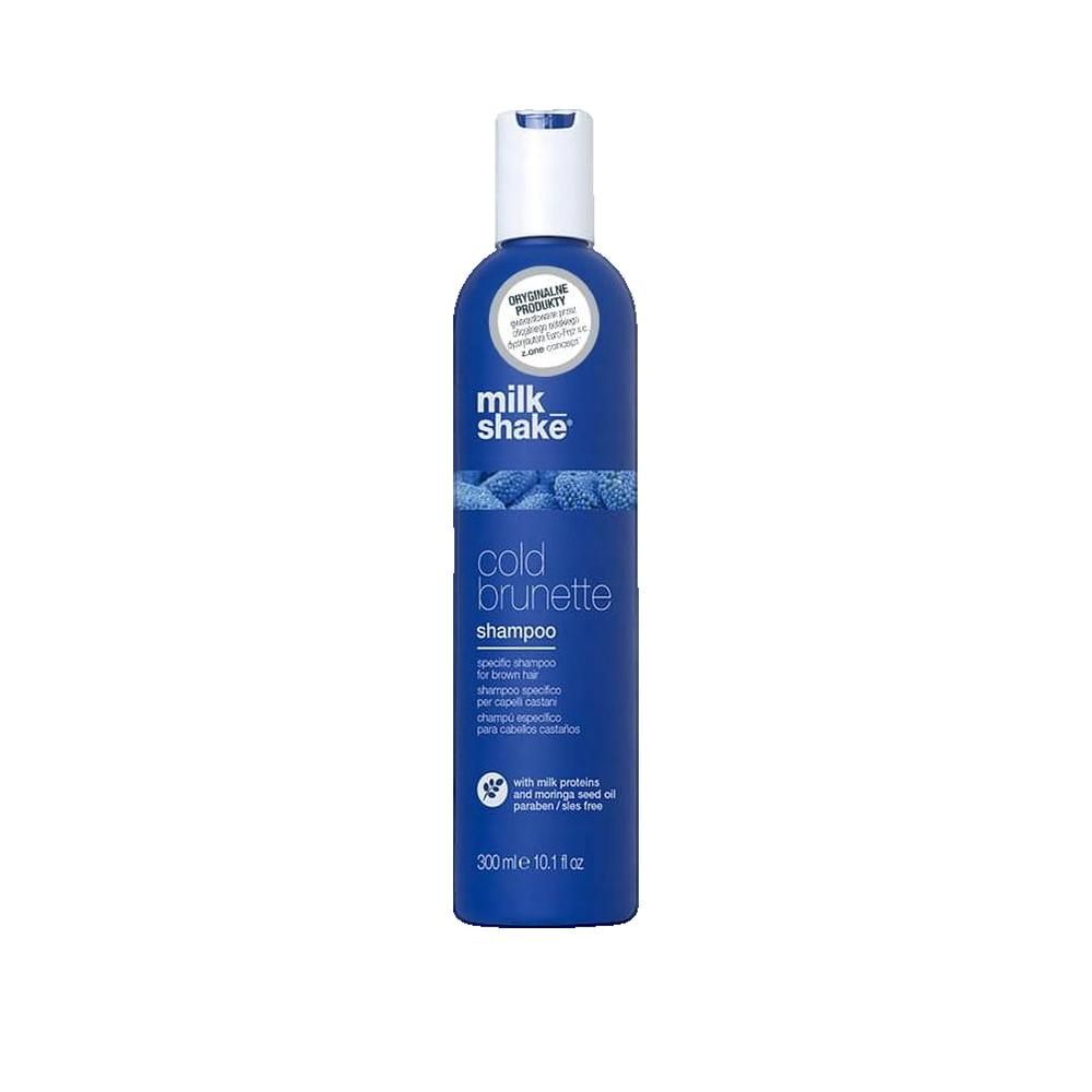 Flacone di shampoo blu scuro con tappo bianco. Scritta: Milk Shake, Cold Brunette Shampoo. 300ml. Con marchio.
