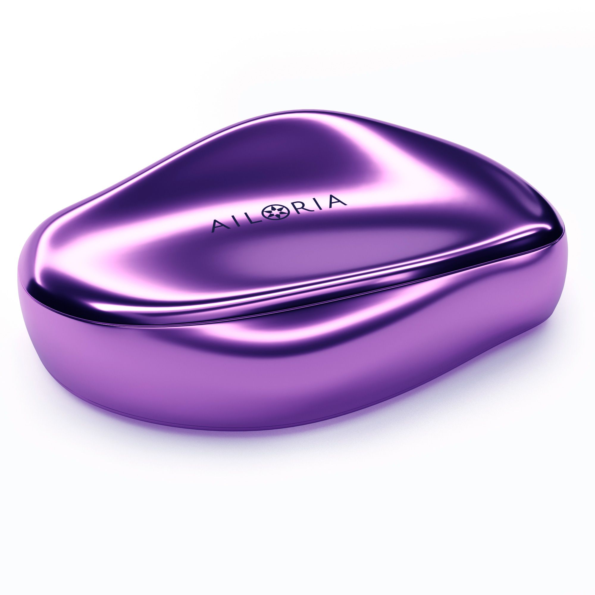 Custodia viola con logo AILORIA. Superficie lucida. Forma di piede. Prodotto benessere.