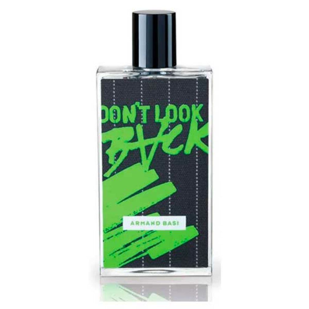 Flacone rettangolare con tappo nero. Scritta "DON'T LOOK BACK" in verde. Marchio: Armand Basi.