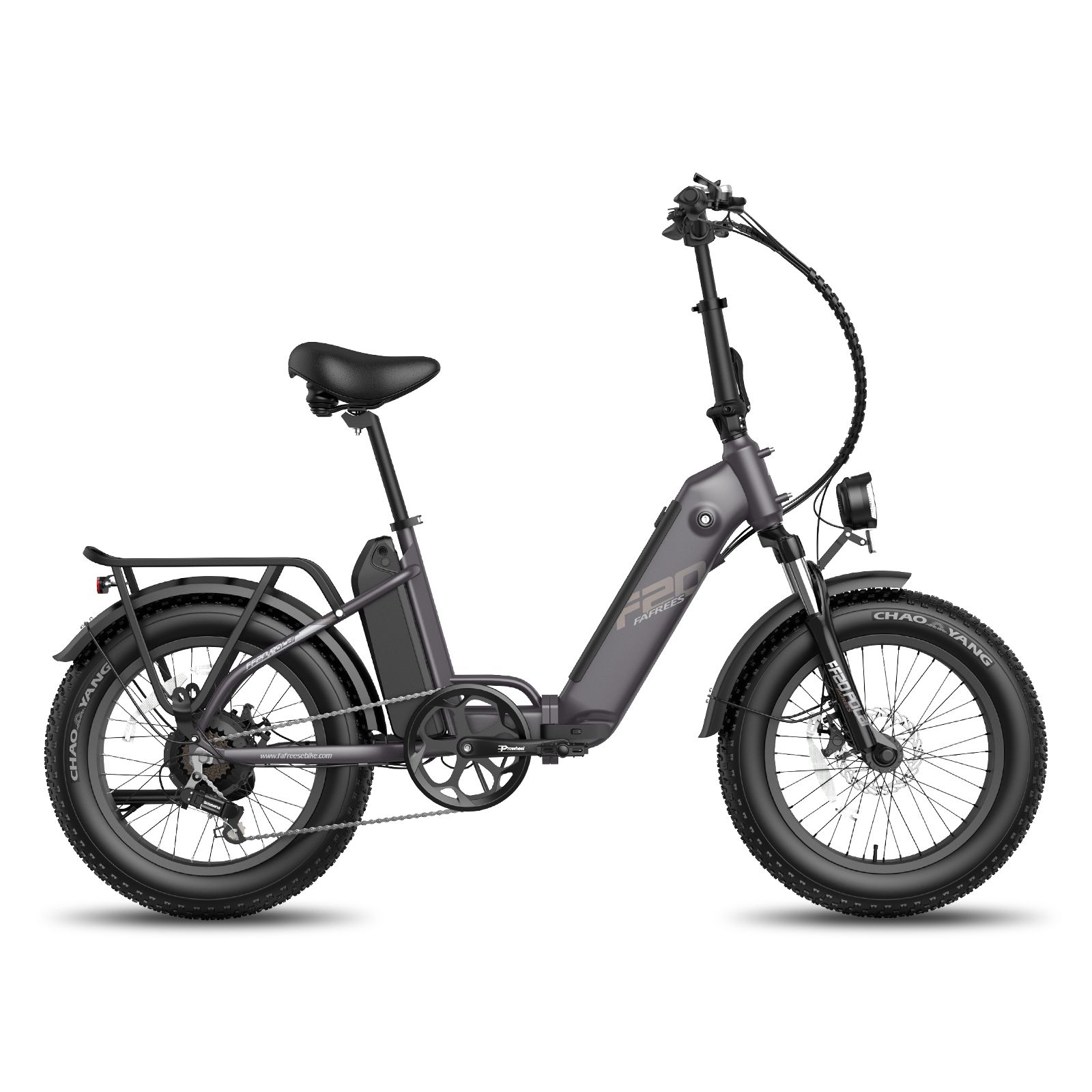 E-bike pieghevole grigio con pneumatici larghi, portapacchi e faro. Batteria sul telaio.