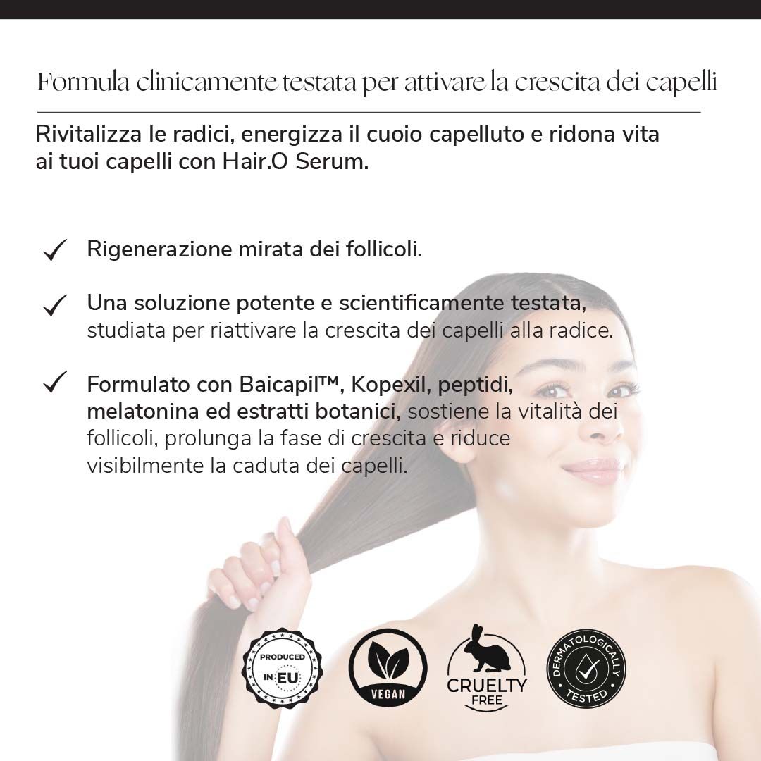 Testo: Formula clinicamente testata. Rigenerazione mirata dei follicoli. Vegano, Cruelty Free, Dermatologicamente testato.