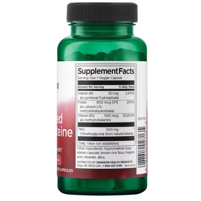 Retro del flacone verde. Etichetta con informazioni nutrizionali e ingredienti. Contiene vitamina B6, B12 e folato.