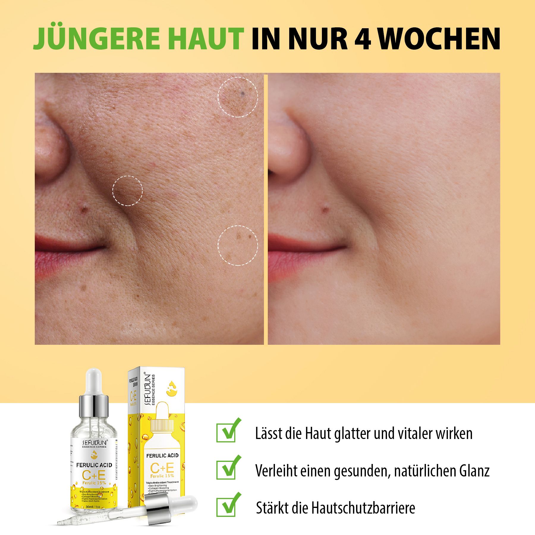 Confronto prima-dopo. Flacone di siero con pipetta. Testo: Ferulic Acid C+E. Pelle più giovane in 4 settimane.