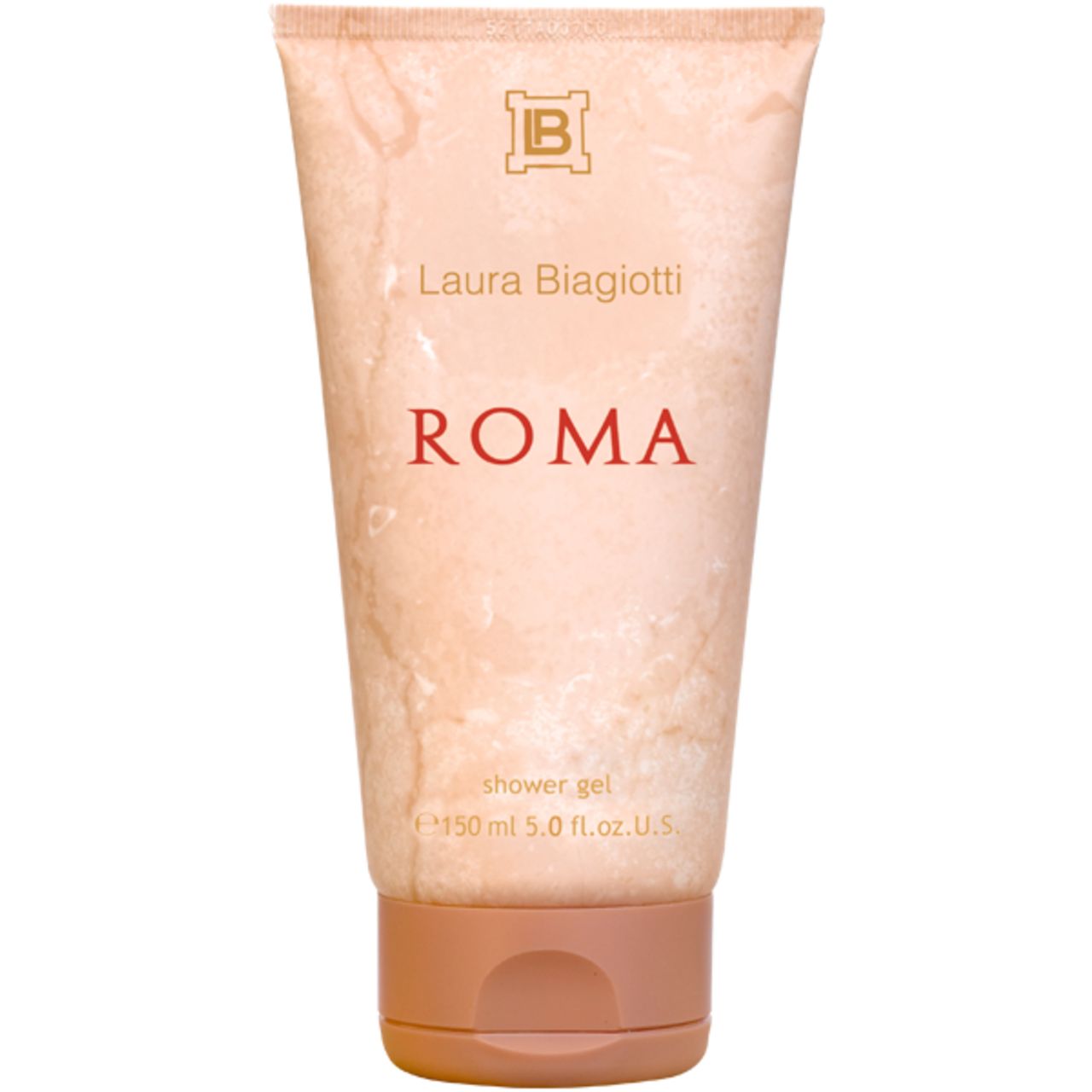 Tubo beige con scritta "Laura Biagiotti Roma". Tappo marrone. 150 ml. Logo in alto.