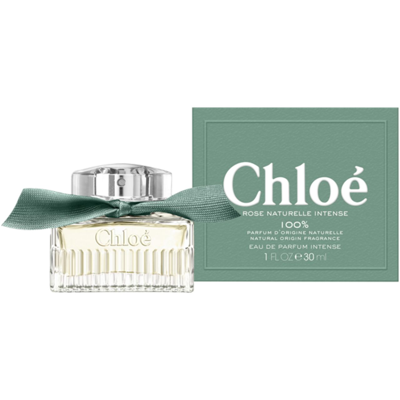 Flacone di profumo e confezione. Flacone con nastro verde. Confezione con "Chloé" e informazioni sul prodotto.